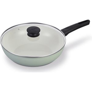 Brabantia INDU+ Jade Green Wokpan inclusief glazen deksel - Ø 28 cm – 100% gerecycled aluminium - keramische antiaanbaklaag – ergonomisch en licht -ook geschikt voor Inductie - 100% PFAS Vrij – kleur Jade Green