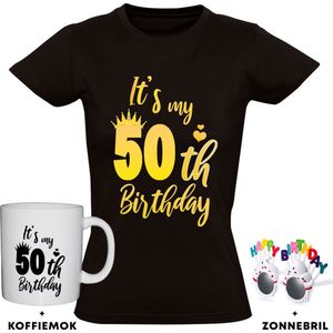 50 jaar Dames T-shirt + Koffiemok + Happy birthday bril - verjaardag - cadeau - feest
