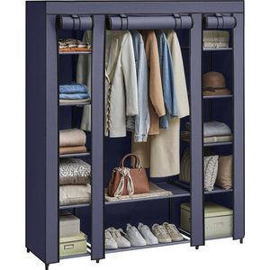 Kledingkast, stoffen kast, met bekleding van vliesstof, vouwkast met kledingstang, 45 x 150 x 175 cm, 12 planken, metalen frame, kast voor slaapkamer, marineblauw