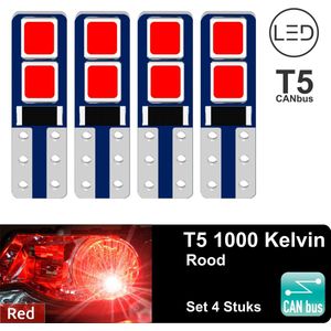 4x T5 CANBus Led Lamp set 4 stuks | Rood | 240LM | 12V | 4 SMD 3030 | Verlichting | W3W W1.2W Led Auto-interieur Verlichting Dashboard Warming Indicator Wig auto Instrument Lamp | Autolamp | Autolampen | interieurverlichting | instrumentverlichting