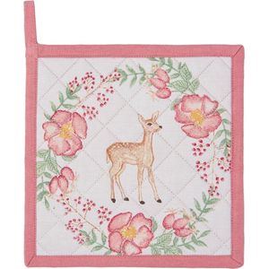 Clayre & Eef Pannenlap SWD45 20*20 cm Roze Katoen Vierkant hert en bloem Afgiet Pannenlap Afgiethulp Pannelap