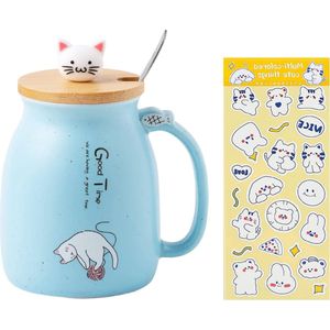 Theemok kat kat kat hittebestendige mok 450 ml met deksel & lepel & sticker, melk koffie keramische beker, cadeau moederdag, cartoon kat mok kantoor mok presents for vrouwen