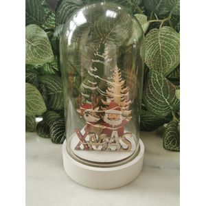 Snowglobe Beeldje kerst met led lichtjes XMAS kerstsparren met Kerstman en Rendier en de letters XMAS Ø9cmx16,5cm H