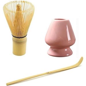 Matcha thee set compleet - Matcha Klopper - Matcha bamboe maatschep - Matcha Chasen Houder Roze - Bamboe Matcha Whisk - Japanse Theeceremonie - Set van 3