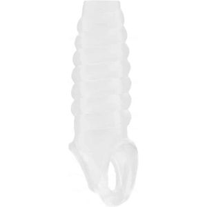 Sono No.21 Penis Sleeve met Testikel Bevestiging voor Optimale Stimulering door Geribbelde Structuur - Transparant