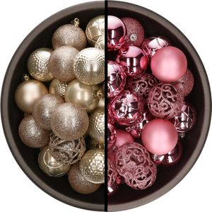 Kerstballen - 74x stuks - champagne en roze - 6 cm - kunststof