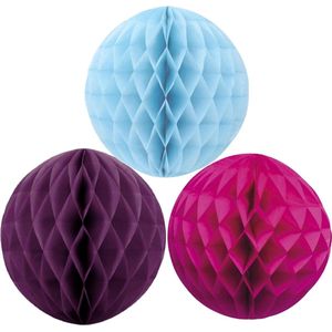 Kerstversiering set van 3x papieren kerstballen 10 cm lichtblauw aubergine en fuchsia roze - Kerst decoratie ballen/bollen