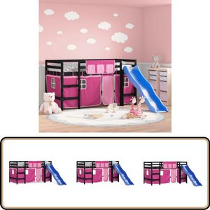 vidaXL Kinderhoogslaper met gordijnen 90x190 cm grenenhout roze