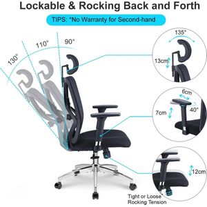 bureaustoel - office chair -bureaustoel met hoge rugleuning - hoofdsteun en 3D-metalen armleuning - 130° schommelstoel van gaas