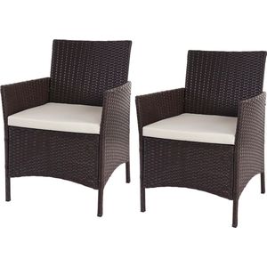 Set van 2 poly rotan tuinstoelen Halden, rieten fauteuils ~ bruin-gemarmerd, crèmekleurige kussens