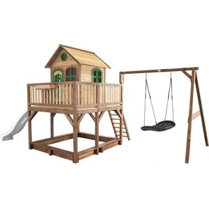 AXI Liam Speelhuis in Bruin/Groen - Met Roxy Nestschommel, Witte Glijbaan en Zandbak - Speelhuisje op palen met veranda - FSC hout - Speeltoestel voor de tuin
