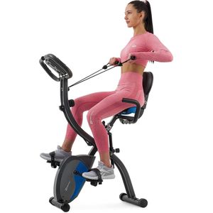 Hop-Sport X-Bike HS-3010X Grix magnetische hometrainer, 6 kg vliegwiel, 3-in-1 opvouwbare fitnessfiets met rugleuning, weerstandsbanden, hartslagmeter, LCD-display en telefoonhouder, Blauw