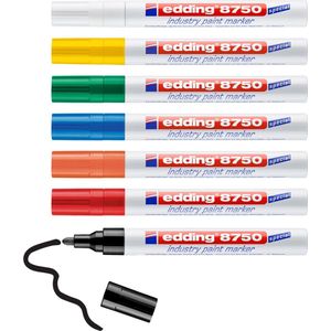 edding 8750 industrie verfstiften set - 7 stiften - wit, geel, groen, blauw, oranje, rood, zwart - ronde punt 2-4 mm - paint markers voor schrijven op stoffige, licht vette oppervlakken, banden, metaal, glas en hout - permanent, watervast