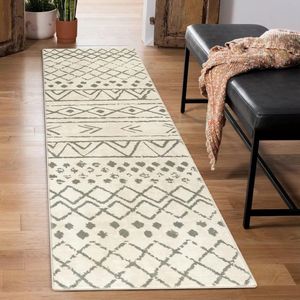 Loper tapijt 60x210 cm, antislip, lang keukentapijt, wasbaar, zachte microvezel, geometrisch, tribal vloertapijt, looptapijt (beige)