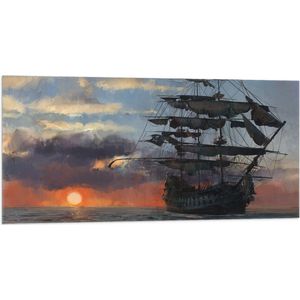 WallClassics - Vlag - Groot Piratenschip op Zee met Zon - 100x50 cm Foto op Polyester Vlag