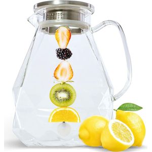 Glazen karaf met deksel (2 liter) - grote karafglas met fruitinzet en reinigingsborstel - hoogwaardige waterkaraf voor water en sappen