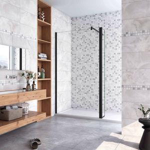 110x200cm zwarte inloopdouche + 30x200cm draaibaar hoekprofiel + F-vorm 90cm Stabilisatiestang 8mm EasyClean veiligheidsglas douchepartitie