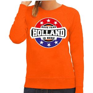 Have fear Holland is here sweater met sterren embleem in de kleuren van de Nederlandse vlag - oranje - dames - Holland supporter / Nederlands elftal fan trui / EK / WK / kleding S