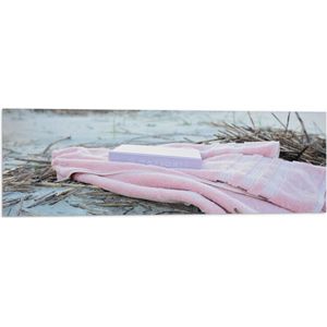 WallClassics - Vlag - Boek met Handdoek op Beige Strand - 90x30 cm Foto op Polyester Vlag