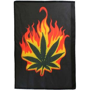 Burning Leaf Brandend Marihuana Wietblad Flag Vlag Zwart/Groen/Rood/Oranje
