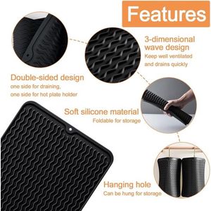 2 stuks siliconen afdruipmatten, afdruipmat, 40 x 30 cm, afdruipmat, spoelmat, afdruipmat, zwart, afdruipmat, antislip, hittebestendig, voor afwatering van servies