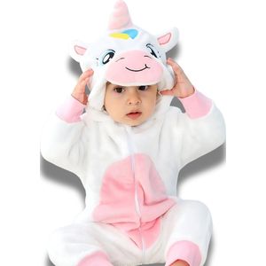 BoefieBoef Dieren Onesie Pyjama Kinderen 6m-2jr – Eenhoorn wit – Verkleedpak met Luierrits – Voor Carnaval, Halloween, Kraamcadeau – Superzacht Flanel - Romper - Boxpak - Jongens - Meisjes