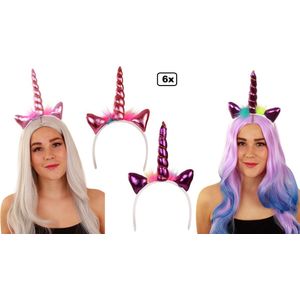 6x Luxe Diadeem Eenhoorn 15cm 2 assortie - Unicorn - Festival thema feest party verjaardag fun feestje