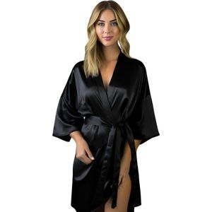 Moondrops - Kimono dames - 100% Satijn - Badjas - L/XL - Pyjama dames - cadeau voor vrouw - Zwart