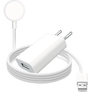 Oplaadkabel met 5W USB Stekker - Geschikt voor Apple Watch Series 1 / 2 / 3 / 4 / 5 / 6 / 7 / 8 / SE - USB Kabel - 1.00 meter - Wit