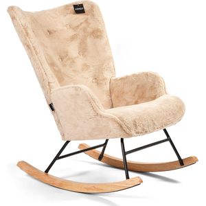 Aemely Schommelstoel Mama – Beige imitatiebont – Hout en staal - Schommelstoel babykamer - Fauteuil - Hoge rugleuning