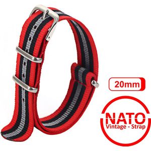 20mm Premium Nato Strap Rood Grijs Zwart - Vintage James Bond - Nato Strap collectie - Mannen Vrouwen - Horlogeband - 20 mm bandbreedte voor oa. Seiko Rolex Omega Casio en Citizen