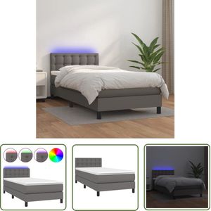 The Living Store Boxspring Bed - Grijs - 203 x 90 x 78/88 cm - Duurzaam kunstleer - verstelbaar hoofdbord - kleurrijke LED-verlichting - pocketvering matras - huidvriendelijk topmatras - The Living Store