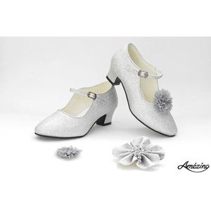 Prinsessenschoen-prinses-hak schoen-glitter schoen-pumps-gesp schoen-bruidsmeisje-zilver (mt 22)