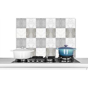 Spatscherm keuken 80x55 cm - Kookplaat achterwand Vintage - Tegels - Grijs - Wit - Muurbeschermer - Spatwand fornuis - Hoogwaardig aluminium