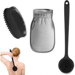 Lange handgreep rugborstel siliconen body scrubber met zachte haren voor douche en bad