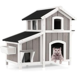 COSTWAY Kattenhuis voor buiten, 2 verdiepingen, kattenvilla met asfaltdak, vluchtdeuren, pvc-gordijnen, ingang en bloembox, tot 30 kg, weerbestendig voor buiten, dennenhout, grijs, 100 x 64 x 82,5 cm
