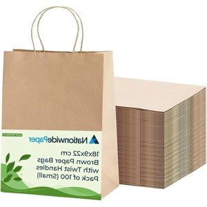 100 stuks kleine bruine papieren zakken - feestzakken geschenkzakje - doe-het-zelf tassen - zoete tassen met sterke gedraaide handgrepen (18 x 9 x 22 cm)