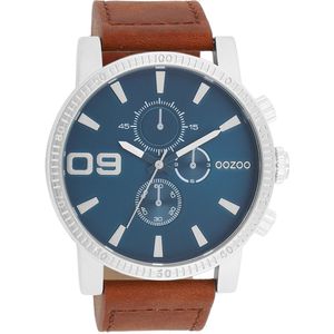 OOZOO Timepieces - Zilverkleurige OOZOO horloge met bruine leren band - C11210