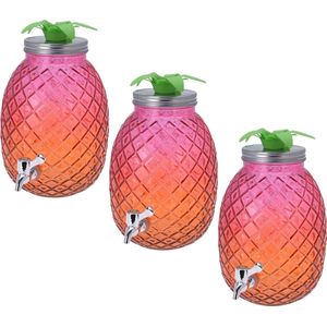 3x stuks glazen drank dispenser ananas roze/oranje 4,7 liter - Dranken serveren - Drankdispensers