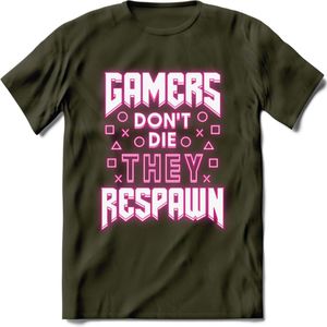 Gamers don't die T-shirt | Neon Roze | Gaming kleding | Grappig game verjaardag cadeau shirt Heren – Dames – Unisex | - Leger Groen - L