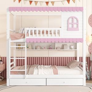 Sweiko Stapelbed - 90x200 cm - Open boekenkast - 2 laden - Den + MDF - Wit + Roze
