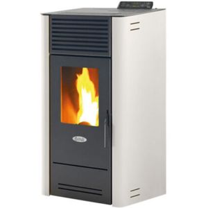 Fair BIO 100A Pelletkachel 10 kW – Compact Design – Boven- of Achteraansluiting – Gietijzeren Branderpot – Programmeerbaar – Wit – 265 m³