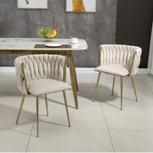 J&R Fluwelen eetkamerstoelen - Luxe - Velvet - Gouden metalen poten - Hoge rugleuning - Rond - Geweven ontwerp - Set van 2 - Beige met goud