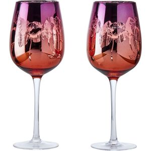 Arland set van 2 gekleurde wijnglazen met bloemen print oranje roze - 50 CL - 23 cm