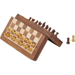 Klassiek houten reisschaakspel met magneetfiguren en inklapbaar speelbord - 17,78 x 17,78 cm