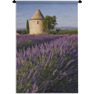 Wandkleed Lavendel  - Ronde toren bij lavendelveld in Frankrijk Wandkleed katoen 60x90 cm - Wandtapijt met foto