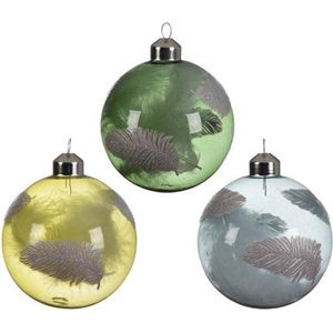 Kerstballen Glas met glitter veren - 8cm - Geel, Groen of blauw - set van 3 stuks