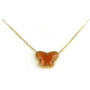 korte zilveren halsketting halssnoer collier geelgoud verguld Model Vlinder met oranje steen