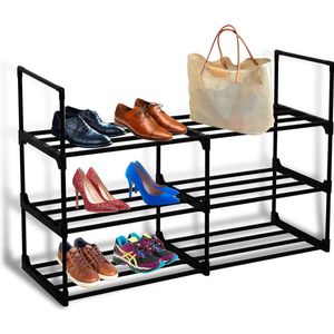 Schoenenrek met 3 niveaus, metalen schoenenopslag, zwart, geschikt voor maximaal 12 paar schoenen, 90 x 28 x 55 cm.