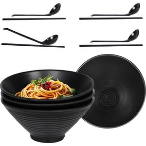 Ramenkommen - 4-delige set Japanse servies - Grote noedels kom inclusief eetstokjes en lepels - 40 oz soepkommen - Geschikt voor pasta fruit salade - Vaatwasmachinebestendig